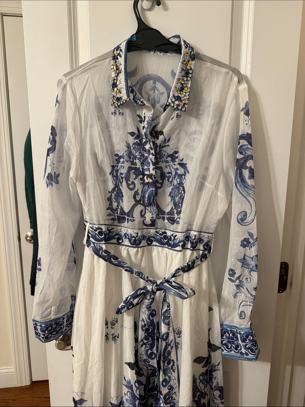 White Maxi Dress with Blue Floral Border Print and Tie Waist